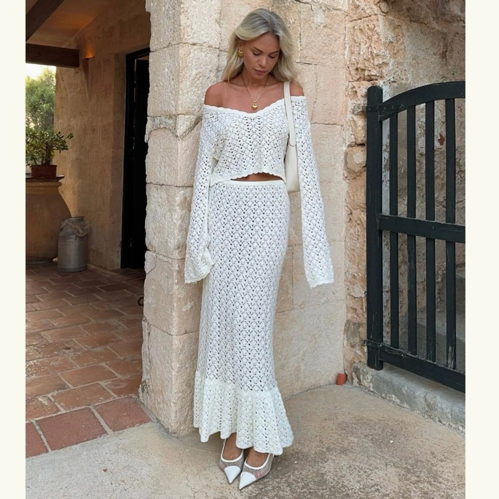 Meshki Anais Frill Knit Ivory Midi Skirt